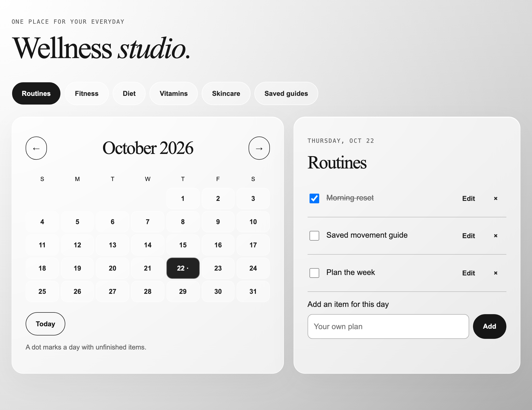 Example wellness dashboard with a calendar, routine checklist and saved-guide tabs